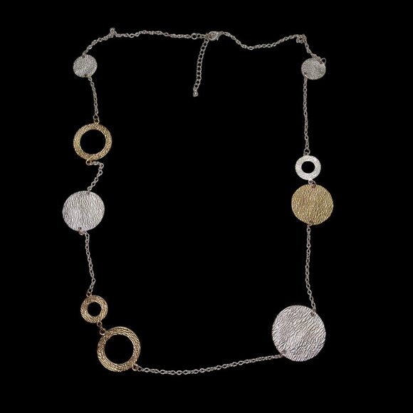 Vintage Long Chain Necklace With Textured Silver & Gold-Tone Discs Art Deco - Picture 1 of 5